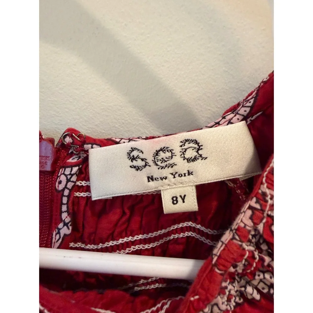 Sea New York Kids Red Paisley Smocked Puff Sleeve Cotton Dress Size 8Y